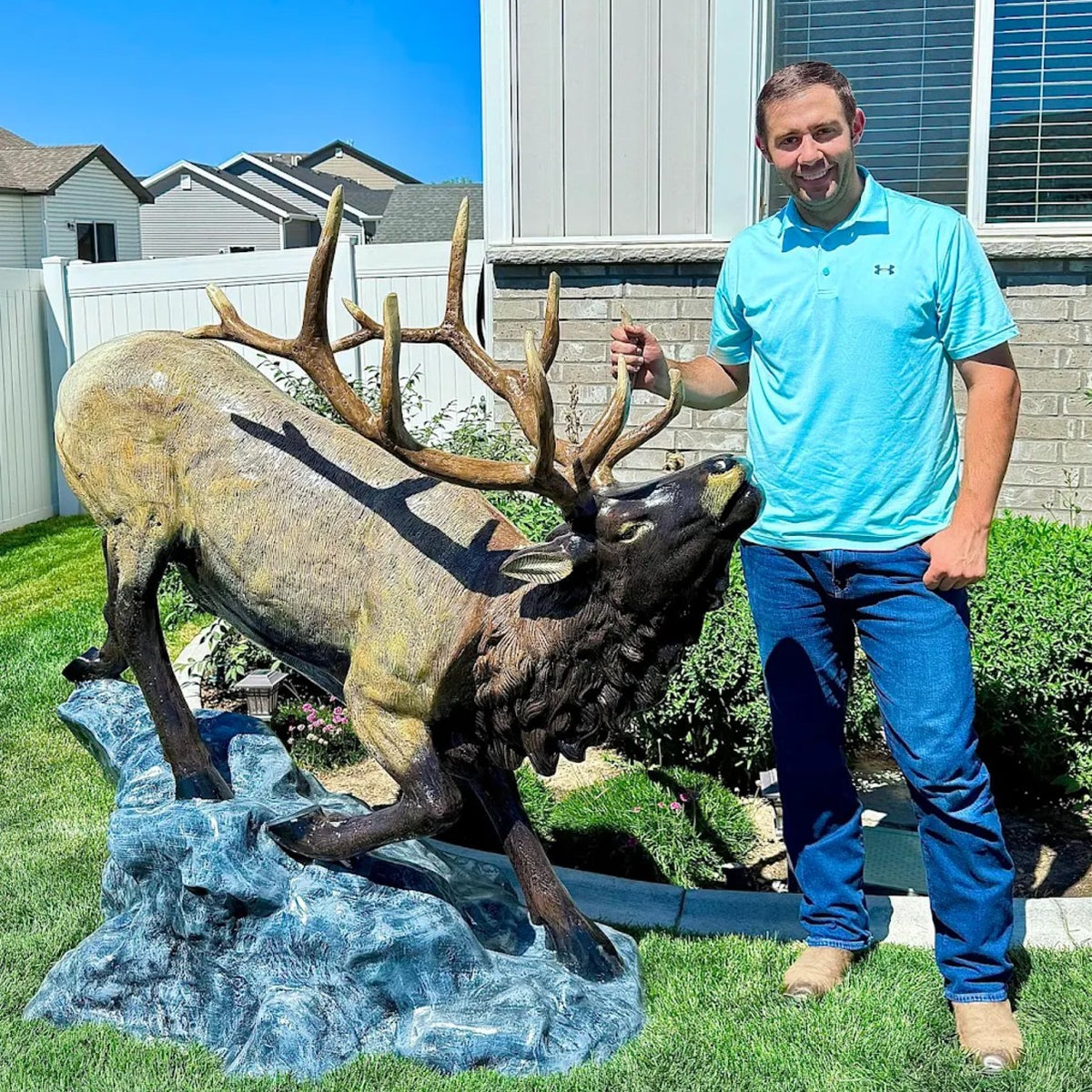 Cast aluminum elk statue with detailed antlers, perfect for yard or home decor