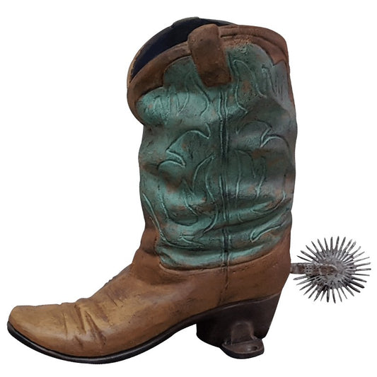 Cast aluminum cowboy boot statue with spur, rustic yard decor