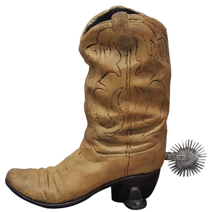 Cast aluminum cowboy boot statue with spur, rustic yard decor