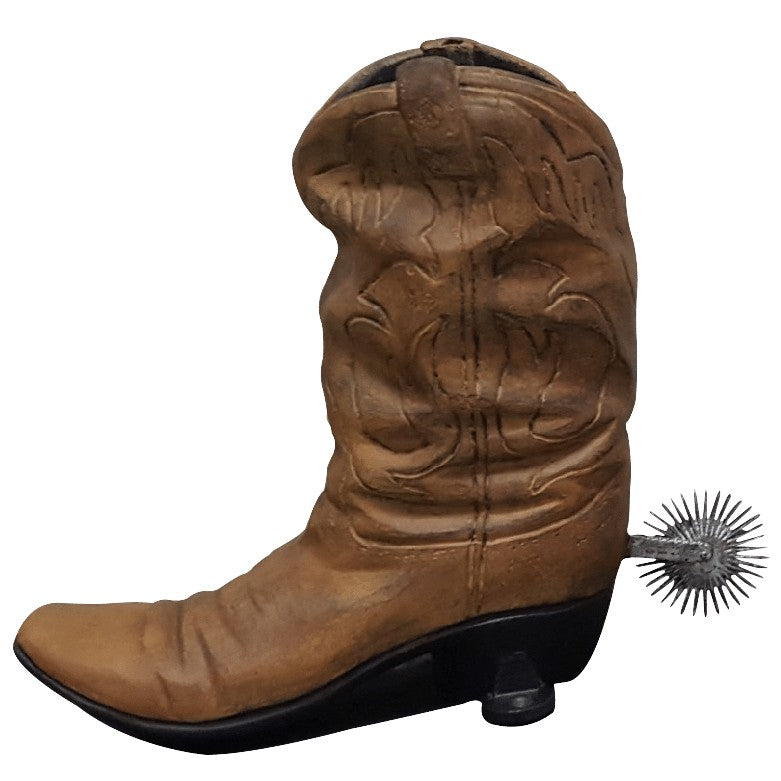 Cast aluminum cowboy boot statue with spur, rustic yard decor