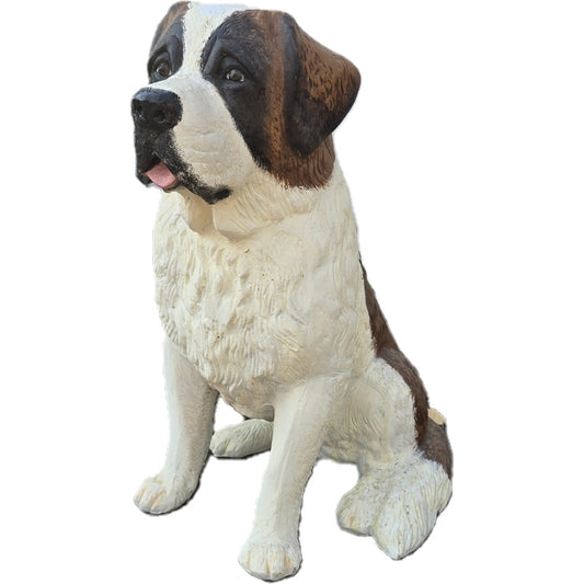 Cast aluminum Saint Bernard dog statue for yard or home decor, detailed fur texture, sitting pose