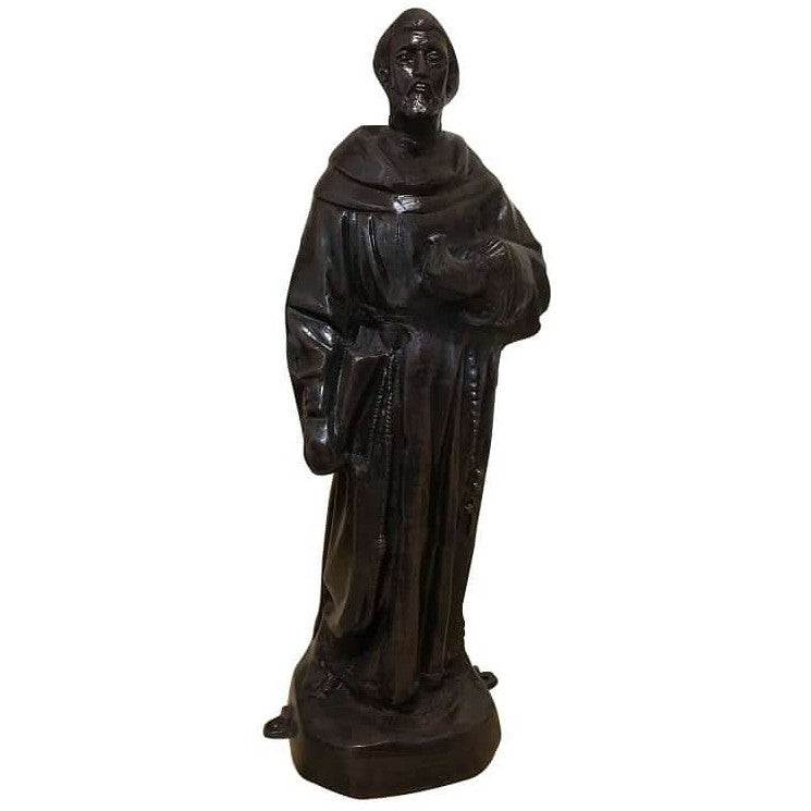 Cast aluminum Saint Francis statue for garden or yard decor, dark finish, holding bird