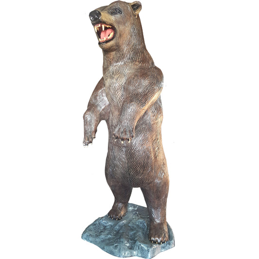 Cast aluminum bear statue roaring, perfect for yard or home decor with detailed fur and rocky base