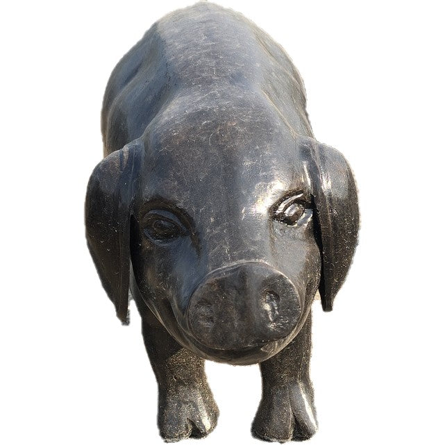 Cast aluminum pig statue for garden or yard decor, featuring detailed craftsmanship and rustic finish.