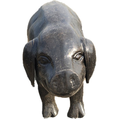 Cast aluminum pig statue for garden or yard decor, featuring detailed craftsmanship and rustic finish.