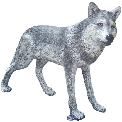 Cast aluminum wolf statue for yard or home decor, detailed gray fur and lifelike stance