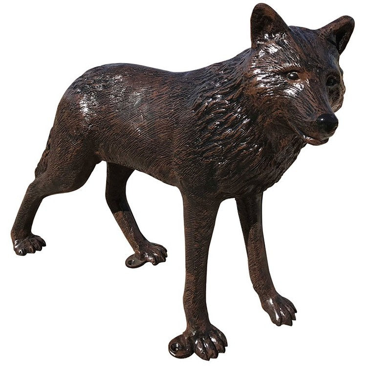 Cast aluminum wolf statue for yard or home decor, detailed craftsmanship, rustic bronze finish