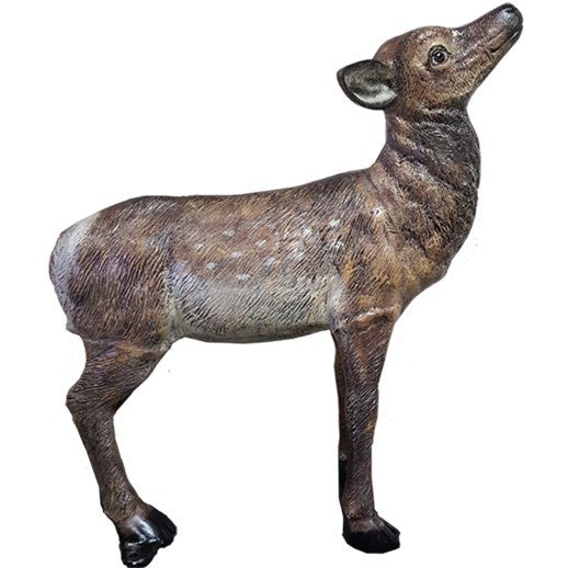 Cast aluminum deer statue with spotted coat, ideal for yard or garden decor