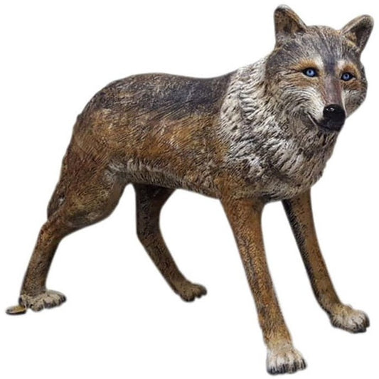 Cast aluminum wolf statue with lifelike fur texture and blue eyes for yard or home decor
