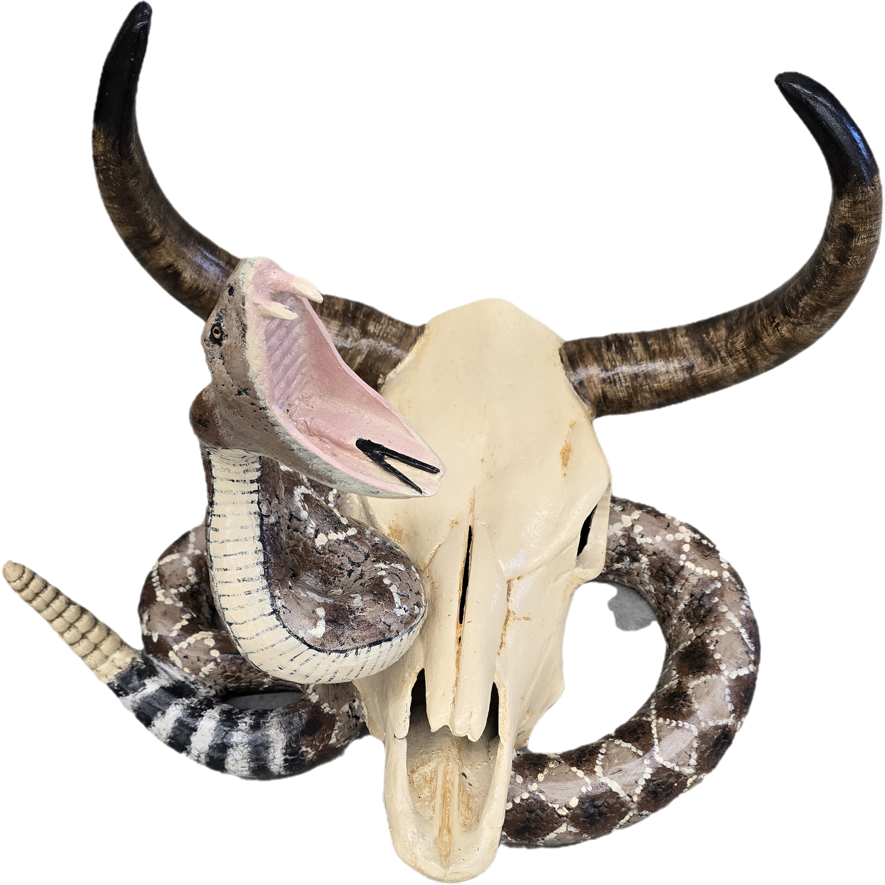Cast aluminum bull skull with coiled rattlesnake, yard decor statue