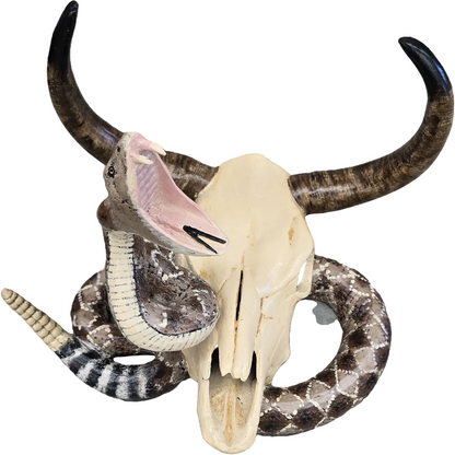 Cast aluminum bull skull with coiled rattlesnake, yard decor statue