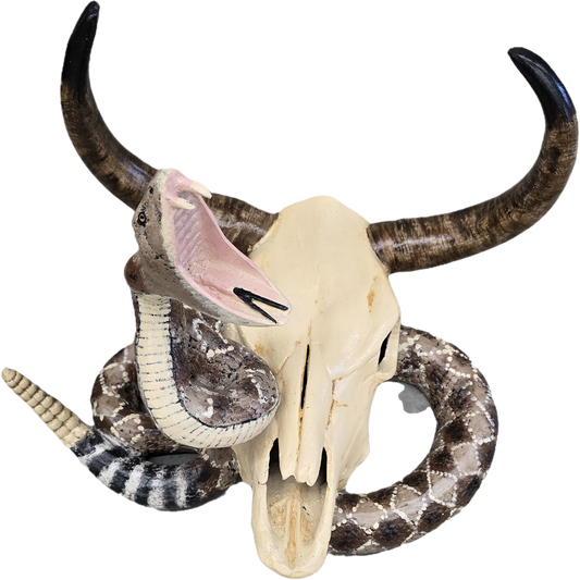 Cast aluminum bull skull with coiled rattlesnake, yard decor statue