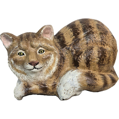 Cast aluminum cat statue with brown and white fur, perfect for yard or home decor