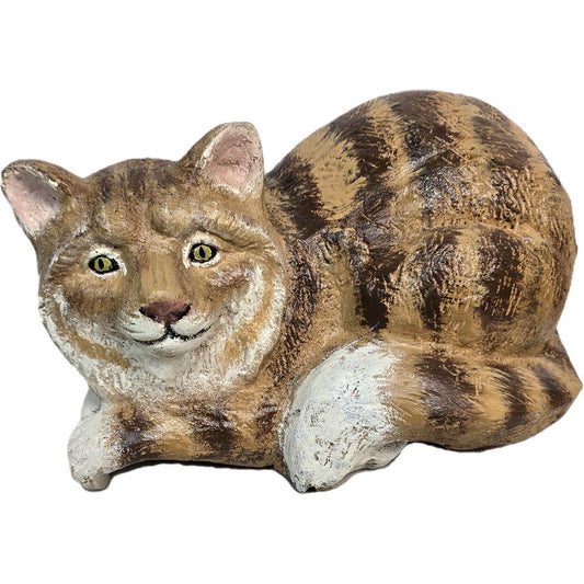 Cast aluminum cat statue with brown and white fur, perfect for yard or home decor