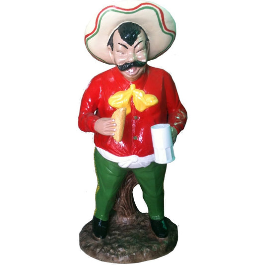 Cast aluminum statue of a man in a sombrero holding a taco and drink, vibrant yard decor
