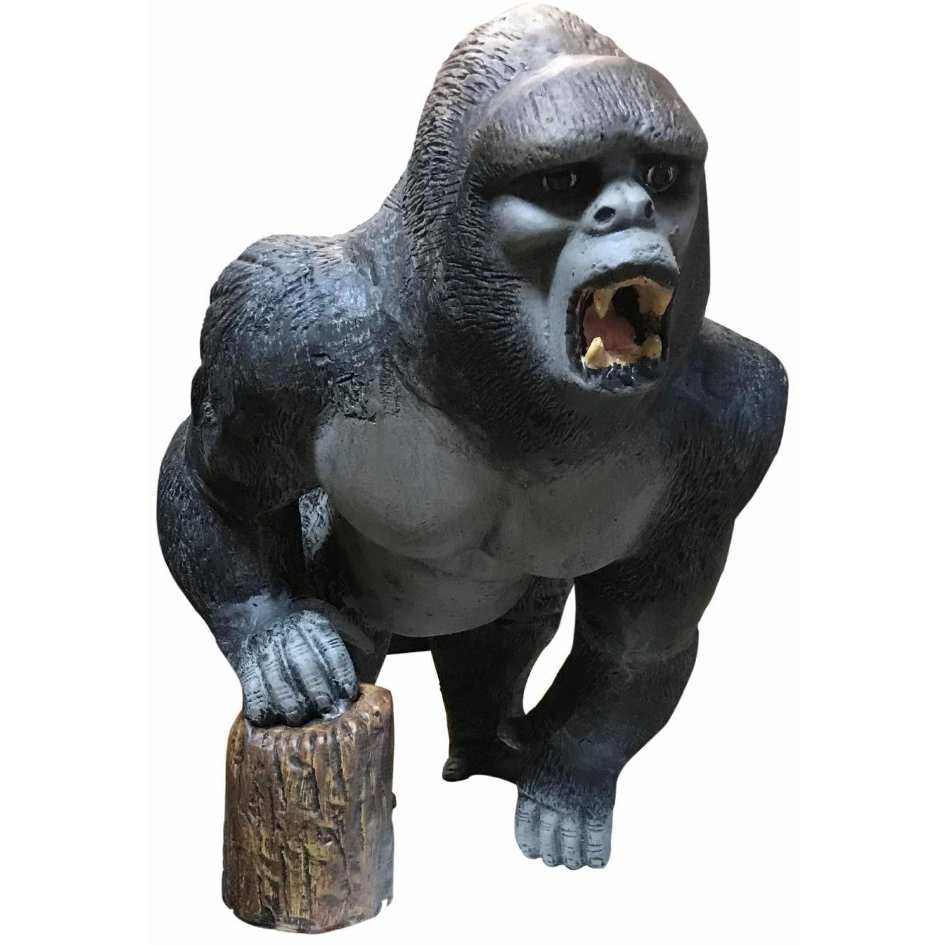Cast aluminum gorilla statue roaring with detailed fur, posed on tree stump for yard or home decor