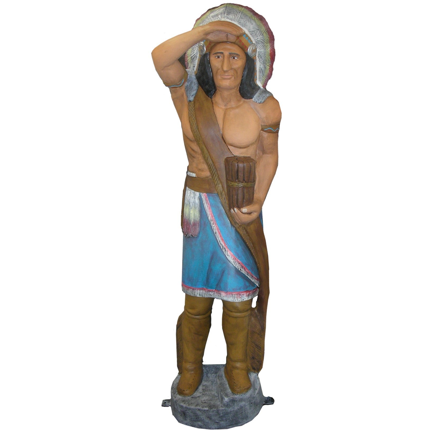 Cast aluminum Native American statue with feather headdress, holding bundle, for yard or home decor