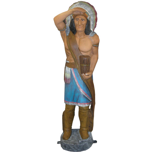 Cast aluminum Native American statue with feather headdress, holding bundle, for yard or home decor