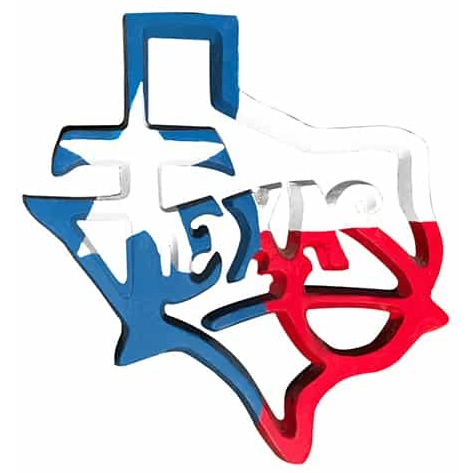 Texas-shaped decorative sign with blue, white, and red colors, featuring star and 'TEXAS' text