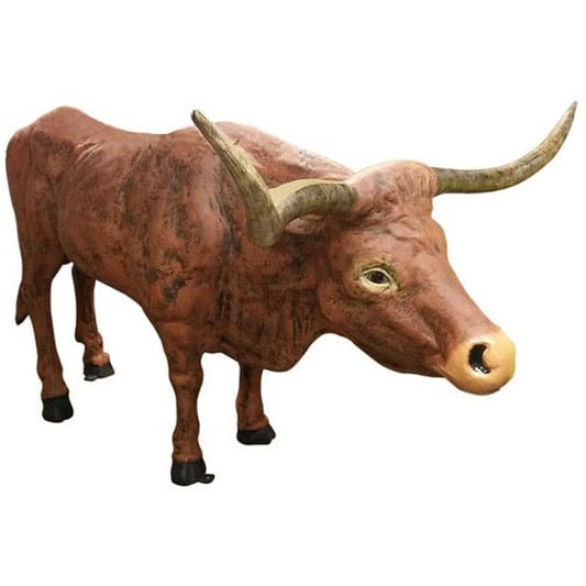Cast aluminum longhorn bull statue for yard or home decor, rustic brown finish with detailed horns