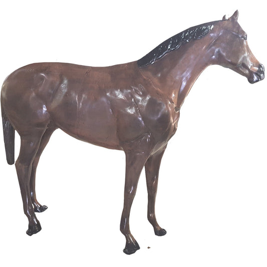 Cast aluminum horse statue for yard or home decor, featuring lifelike brown finish and detailed craftsmanship