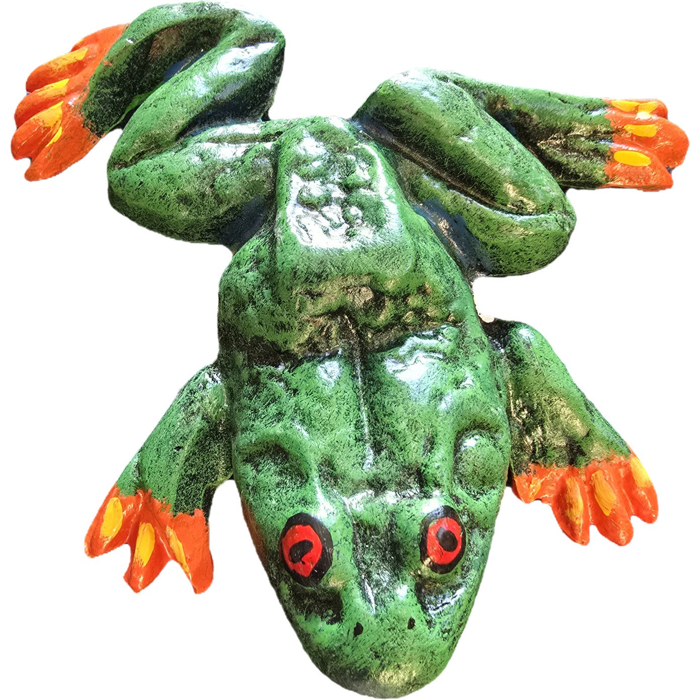 Green cast aluminum frog statue with red eyes and orange feet for garden or yard decor