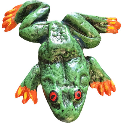 Green cast aluminum frog statue with red eyes and orange feet for garden or yard decor