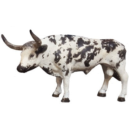 Cast aluminum longhorn bull statue with black and white spots, ideal for yard or home decor