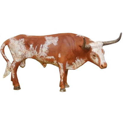 Cast aluminum longhorn bull statue or home decor, rustic brown and white finish