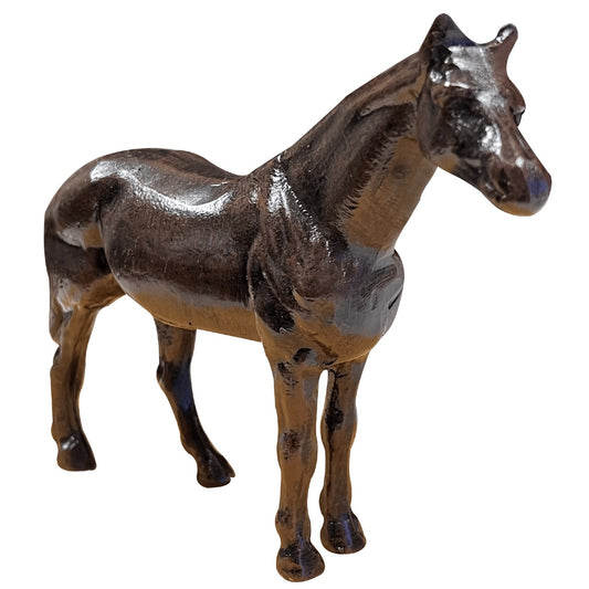 Cast aluminum horse statue for yard or home decor, rustic brown finish, detailed craftsmanship