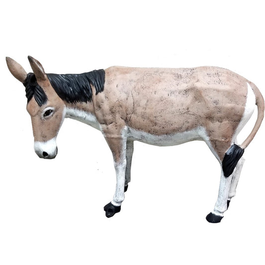 Cast aluminum donkey statue for yard or home decor, featuring realistic tan and black finish