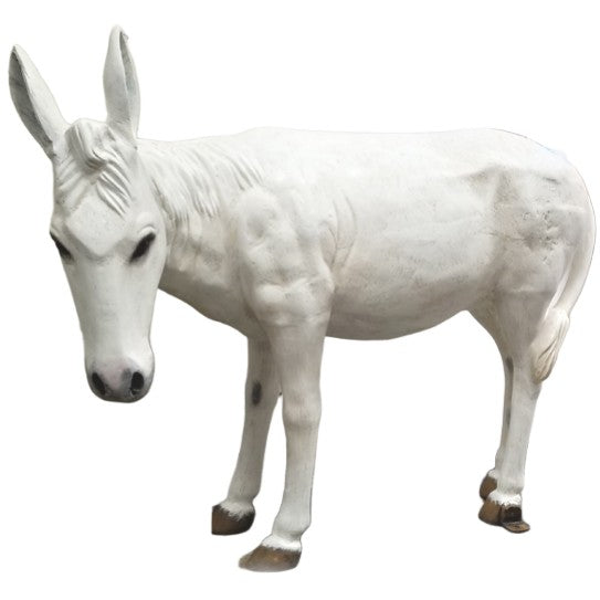 White cast aluminum donkey statue for garden or yard decor, detailed craftsmanship