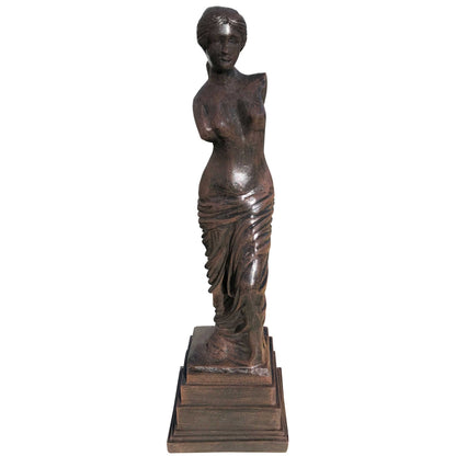 Cast aluminum statue of draped female figure, ideal for garden or home decor with classic design.