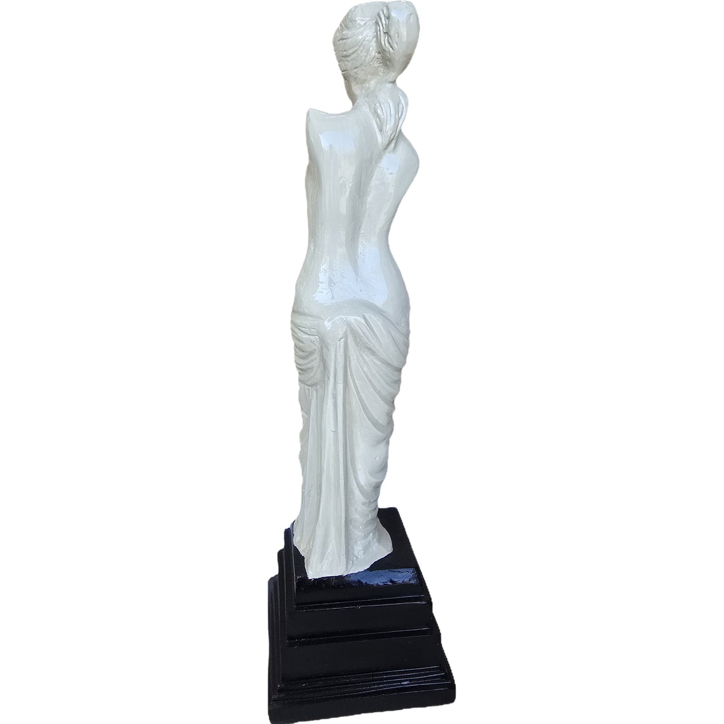 White cast aluminum goddess statue with draped gown on black pedestal, ideal for home or yard decor