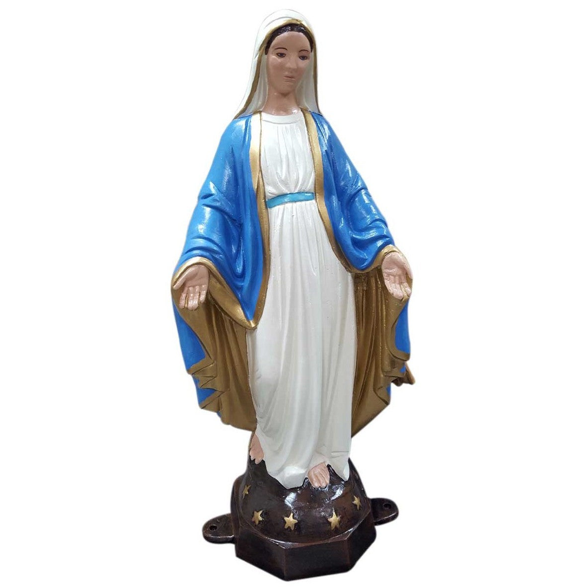 Cast aluminum Our Lady statue with blue and white robe, gold trim, star-adorned base for yard or home decor