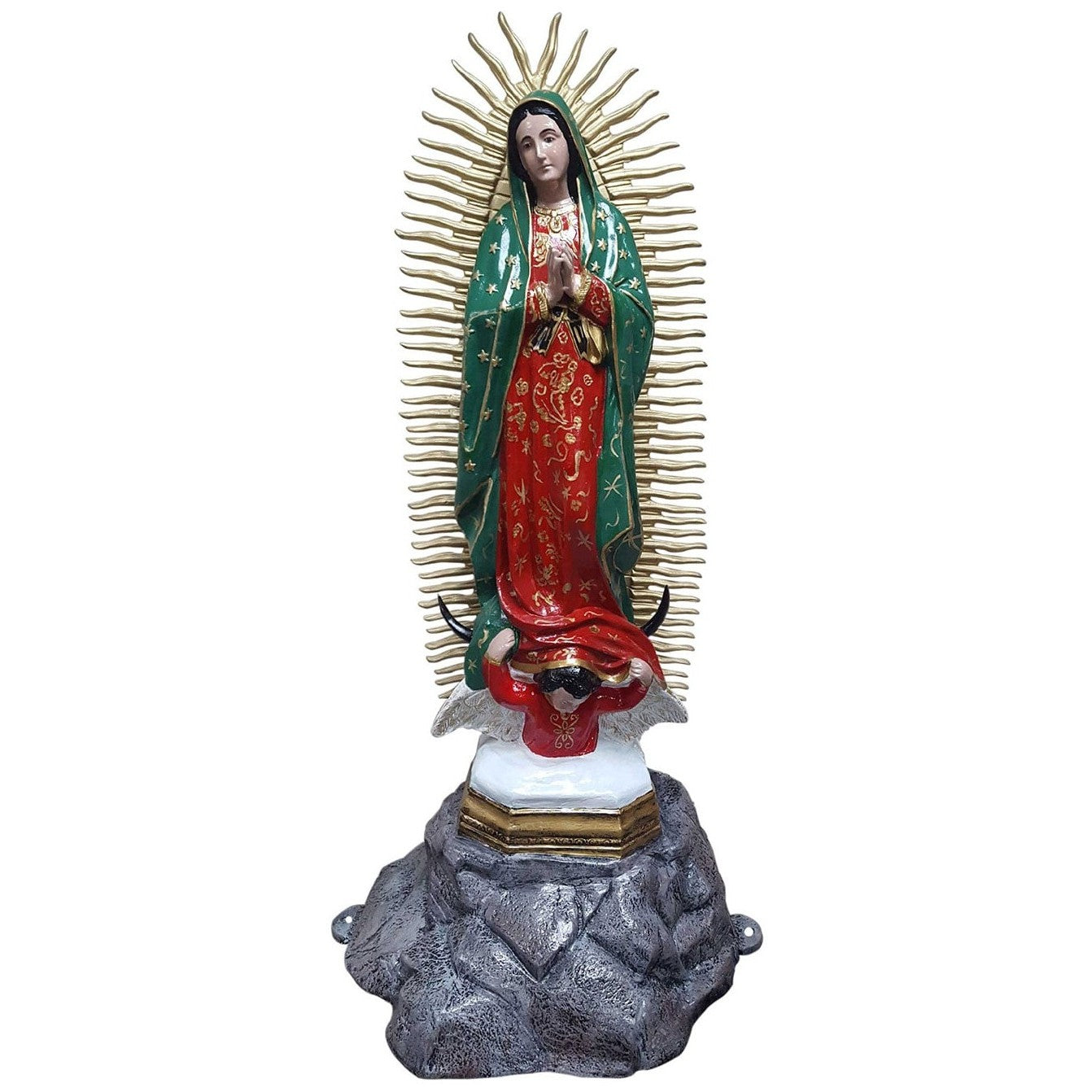 Our Lady of Guadalupe statue with radiant halo, red gown, green mantle, standing on crescent moon atop rock base