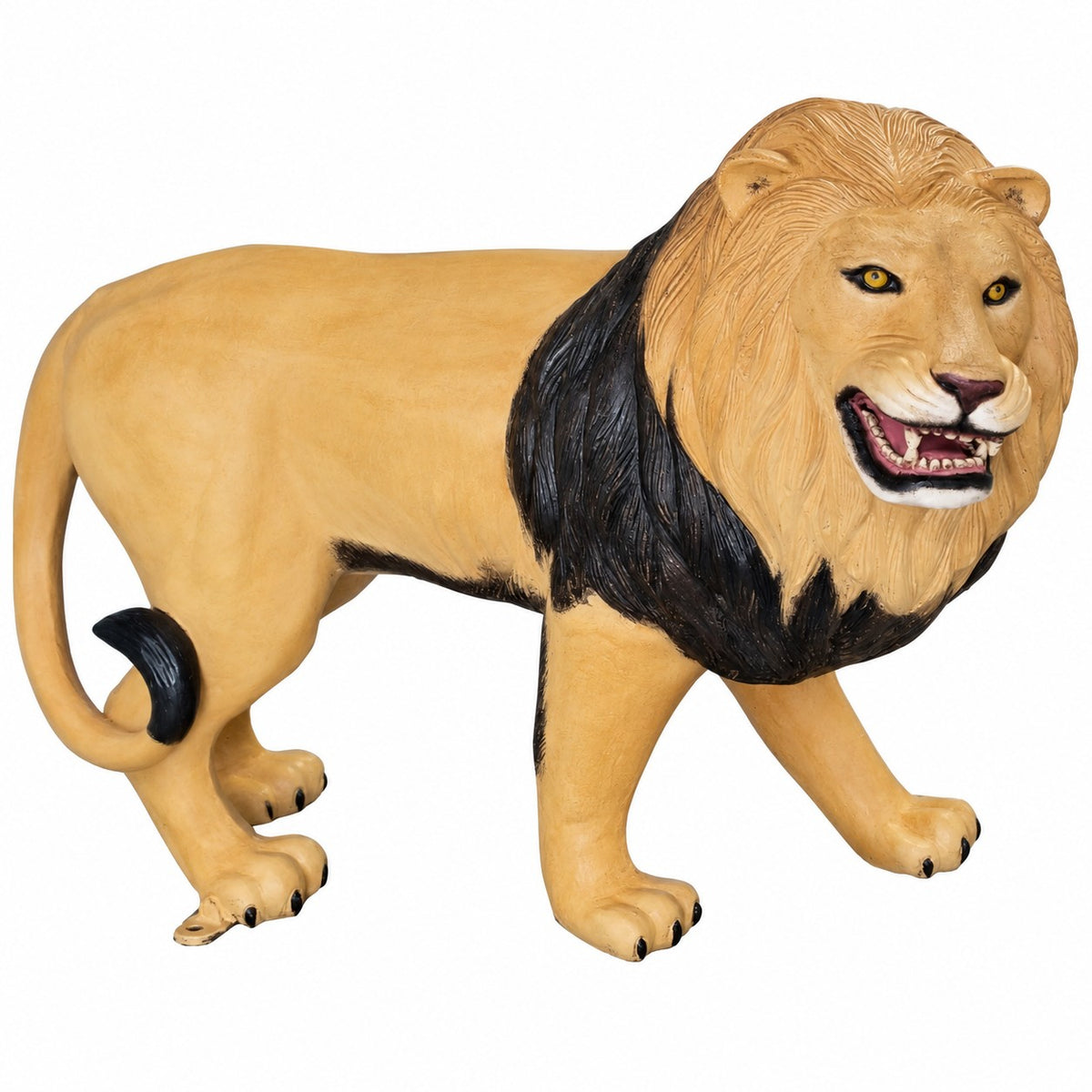 Cast aluminum lion walking right for outdoor display areas.