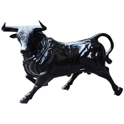 Glossy black cast aluminum bull statue for yard or home decor, dynamic charging pose