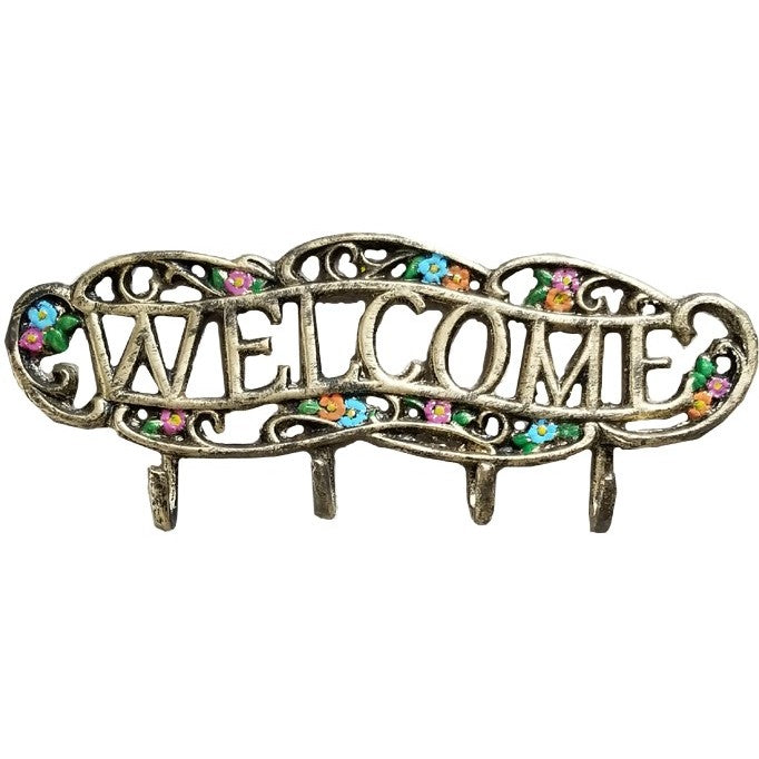 Cast aluminum welcome sign with floral accents and four hooks for home or yard decor