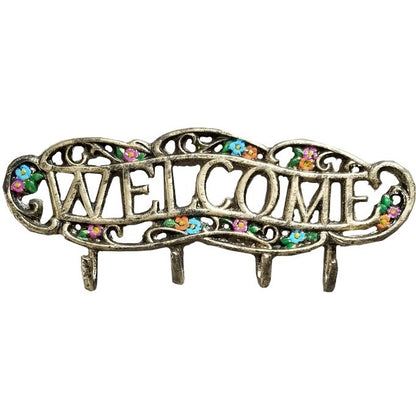 Cast aluminum welcome sign with floral accents and four hooks for home or yard decor