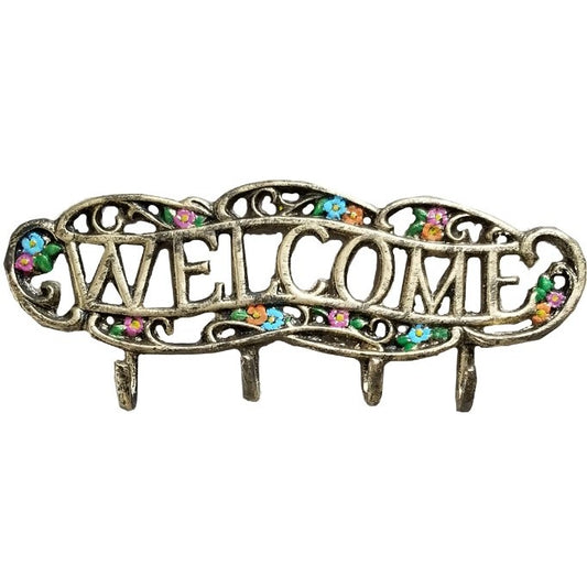 Cast aluminum welcome sign with floral accents and four hooks for home or yard decor
