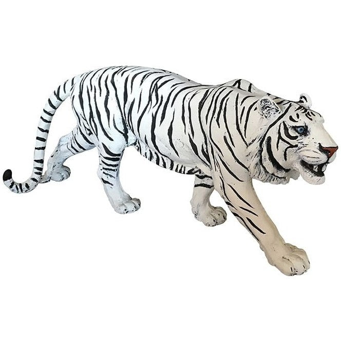 White tiger cast aluminum statue for yard or home decor, lifelike pose, black stripes