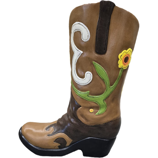 Decorative cowboy boot statue with sunflower design, perfect for yard or home decor