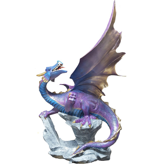 Purple and blue dragon statue with spread wings, perched on rock for garden or home decor