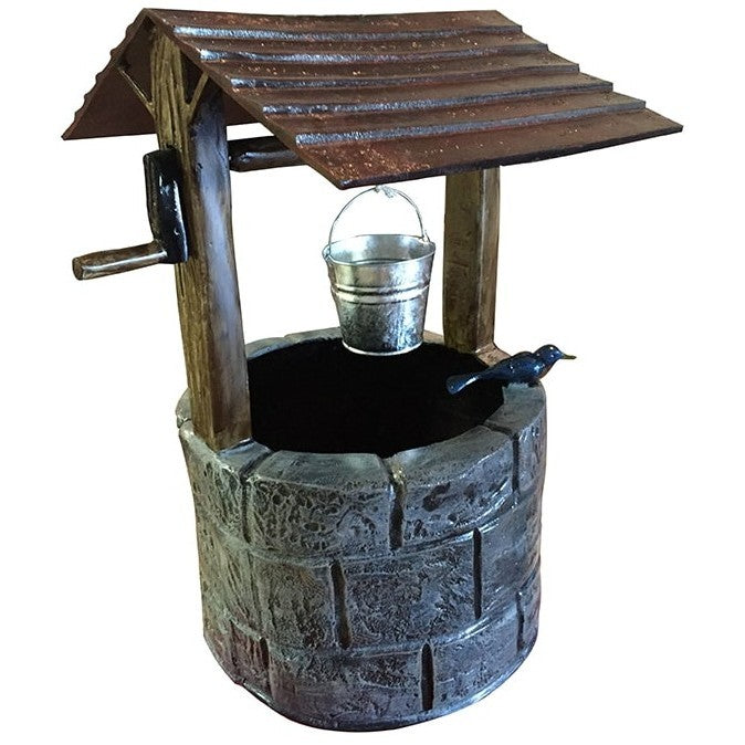 Cast aluminum garden well statue with rustic roof, bucket, and bird accent for yard decor