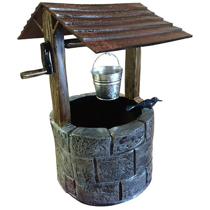 Cast aluminum garden well statue with rustic roof, bucket, and bird accent for yard decor