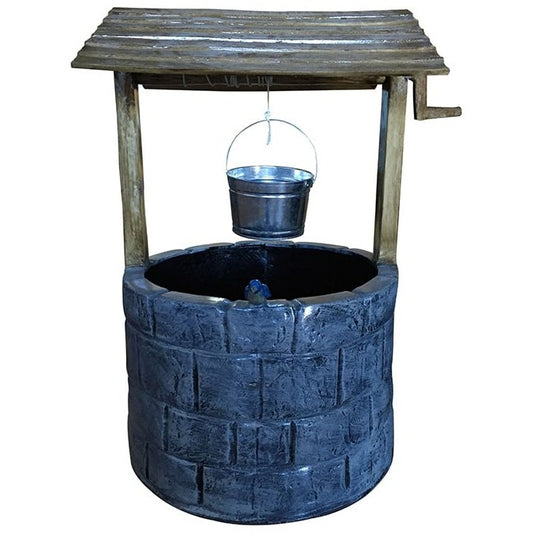 Cast aluminum garden well statue with rustic wooden roof and metal bucket, perfect for backyard decor