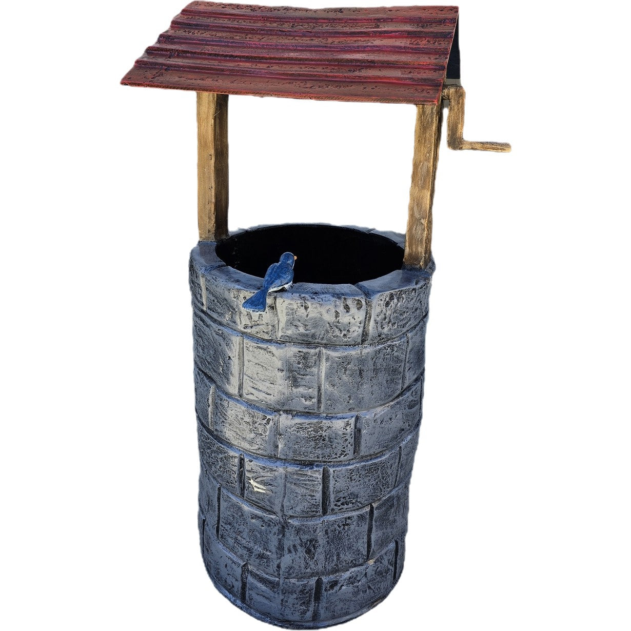 Cast aluminum garden well statue with blue bird, rustic roof, and stone texture for yard decor