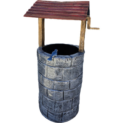 Cast aluminum garden well statue with blue bird, rustic roof, and stone texture for yard decor
