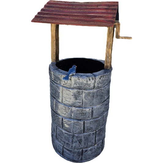 Cast aluminum garden well statue with blue bird, rustic roof, and stone texture for yard decor
